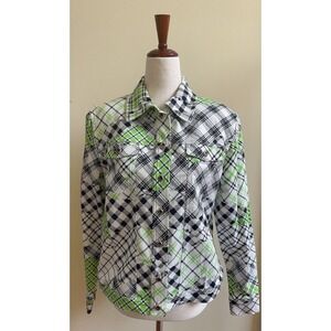 NEW ST.JOHN Twee Green, black Patchwork Plaid Denim Jacket Size S